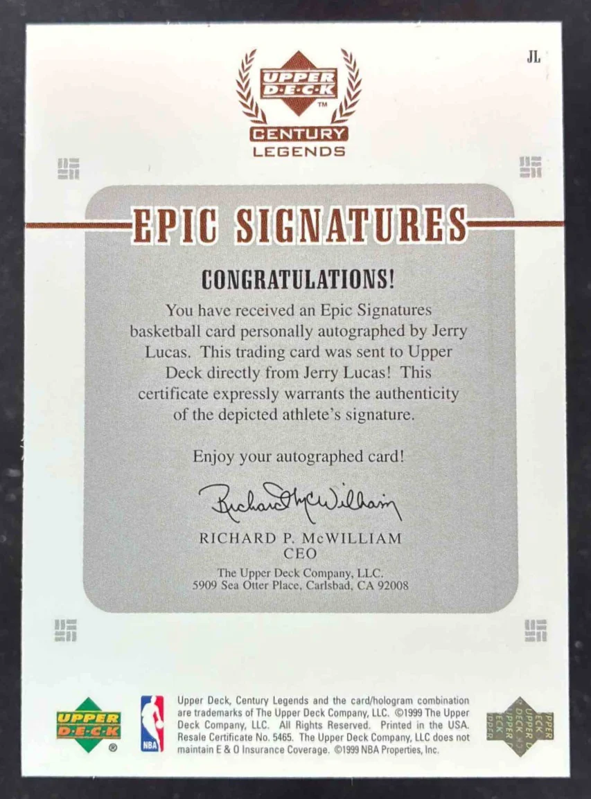1999-00 Upper Deck Legends Legendary Signatures #JL Jerry Lucas Auto - Image 2