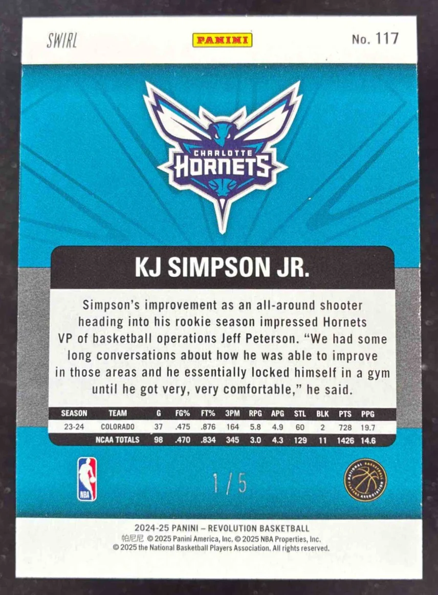 2024-25 Panini Revolution Purple Swirl #117 KJ Simpson Jr. RC /5 - Image 2