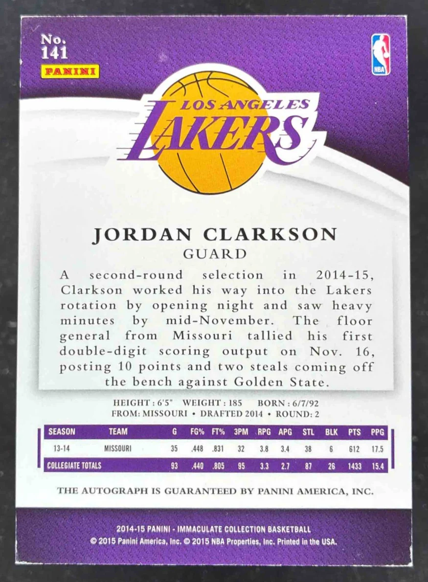 2014-15 Panini Immaculate Collection #141 Jordan Clarkson RC Auto /99 - Image 2