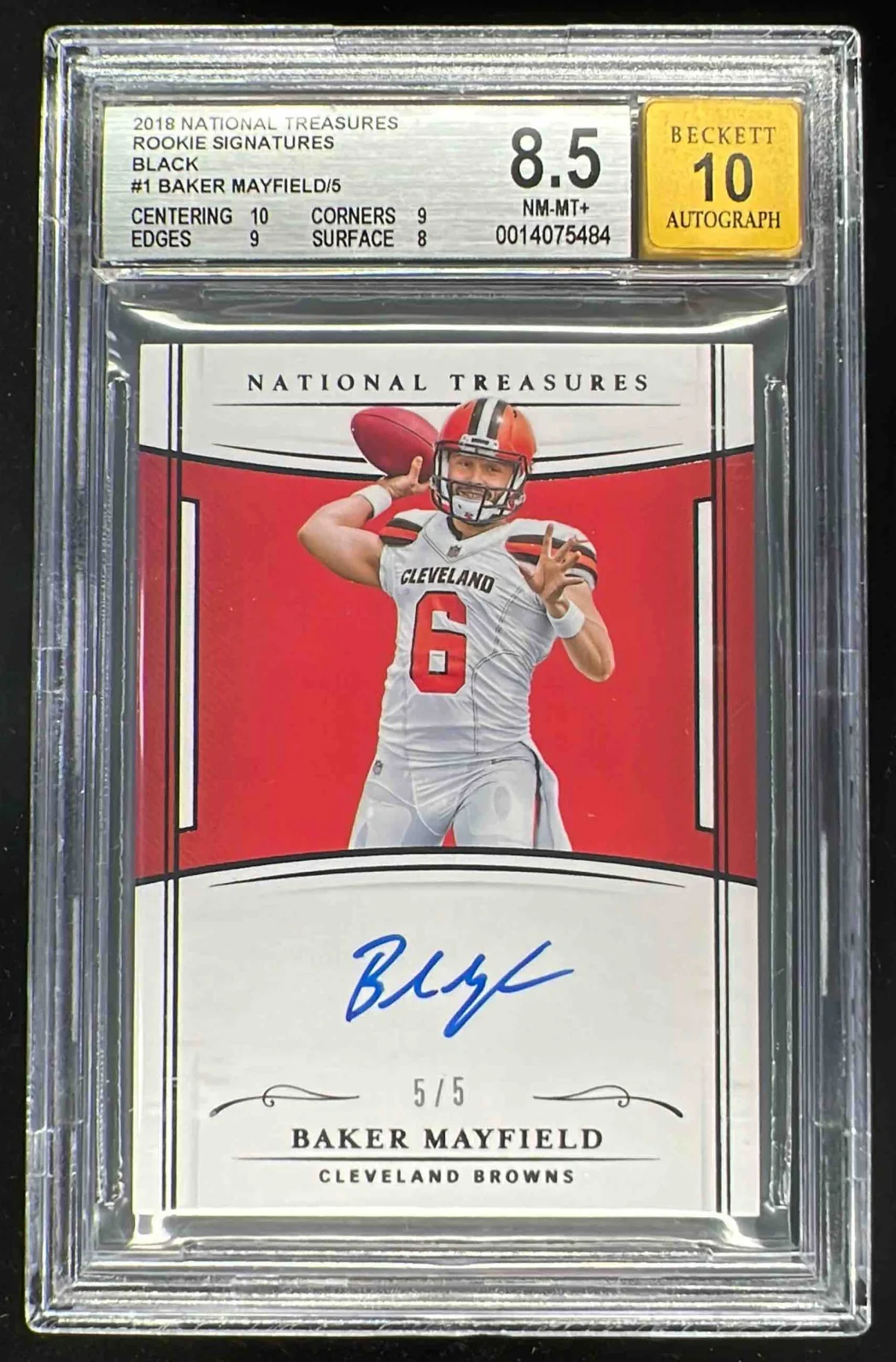 2018 National Treasures Rookie RPS Black #RSBM Baker Mayfield RC Auto /5 BGS 8.5