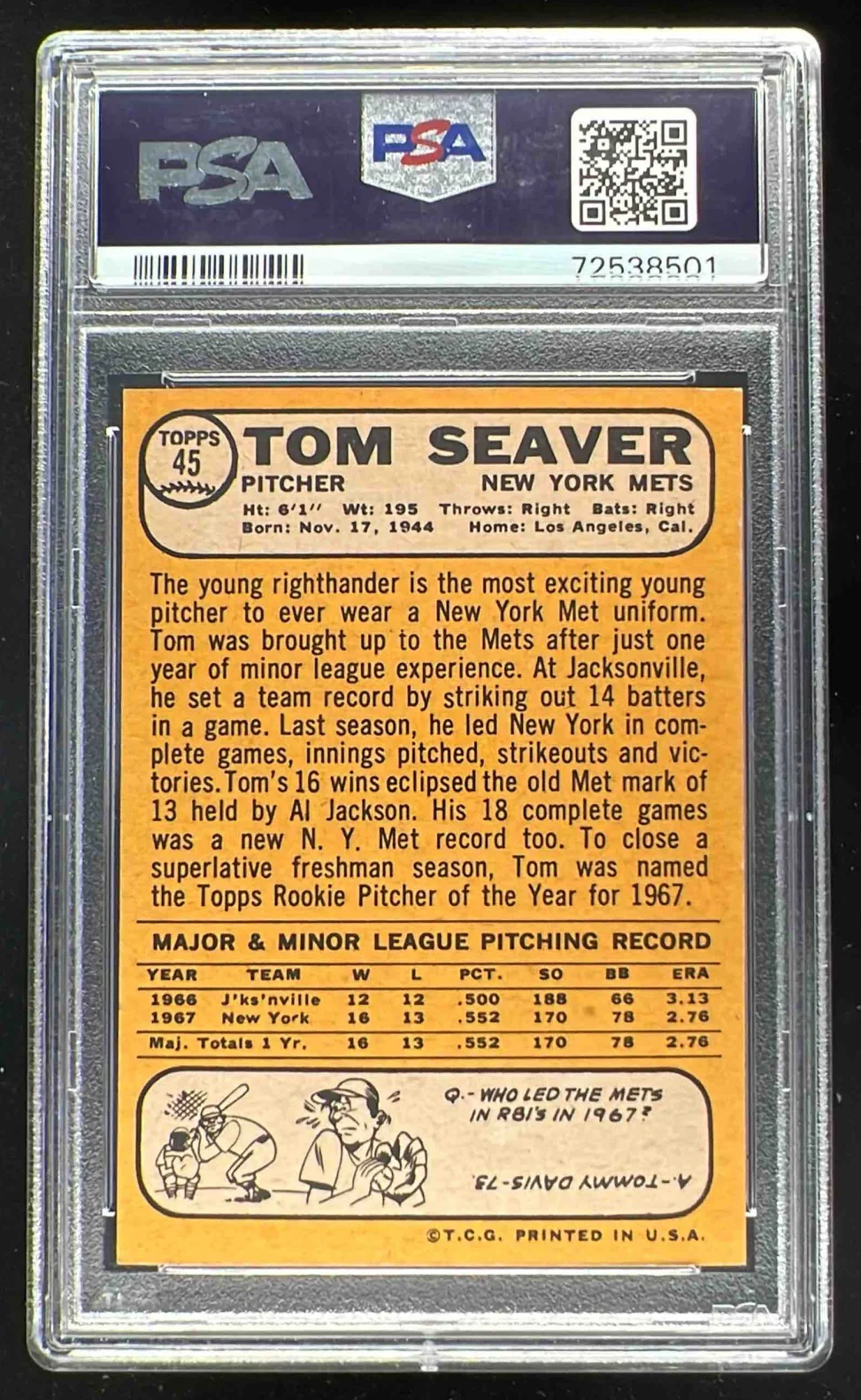 1968 Topps #45 Tom Seaver RC PSA 8 - Image 2