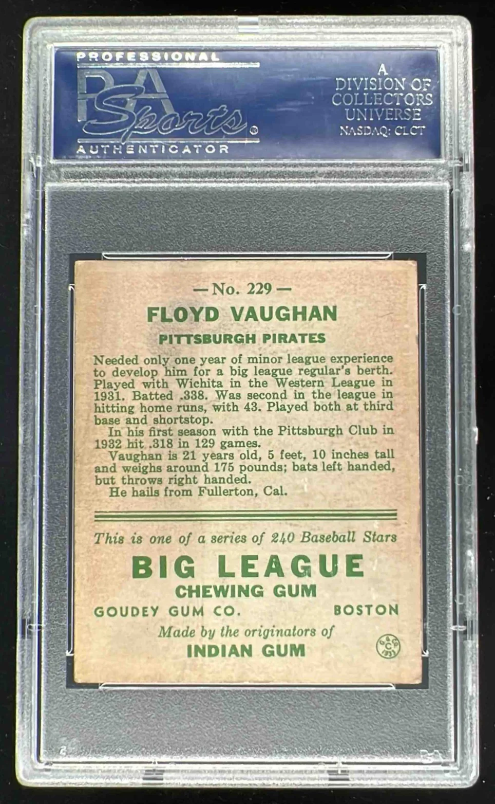 1933 Goudey #229 Floyd Vaughan PSA 5 - Image 2