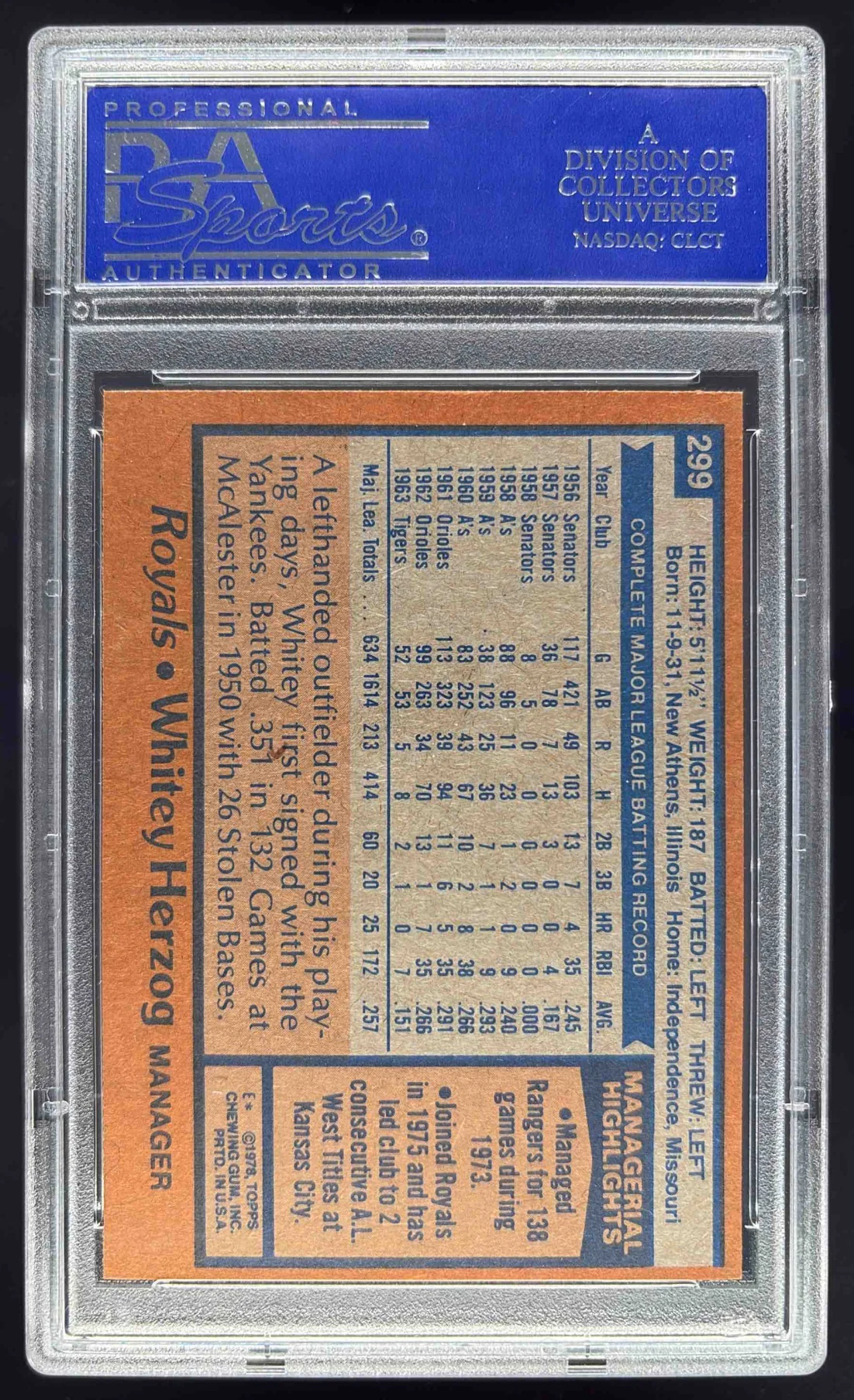 1978 Topps #299 Whitey Herzog PSA 9 - Image 2