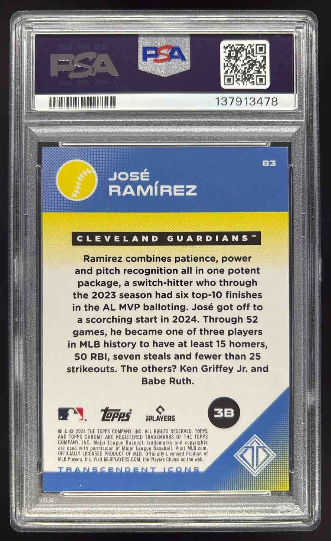 2024 Topps Transcendent Collection Red Refractors #83 Jose Ramirez /5 PSA 9 - Image 2