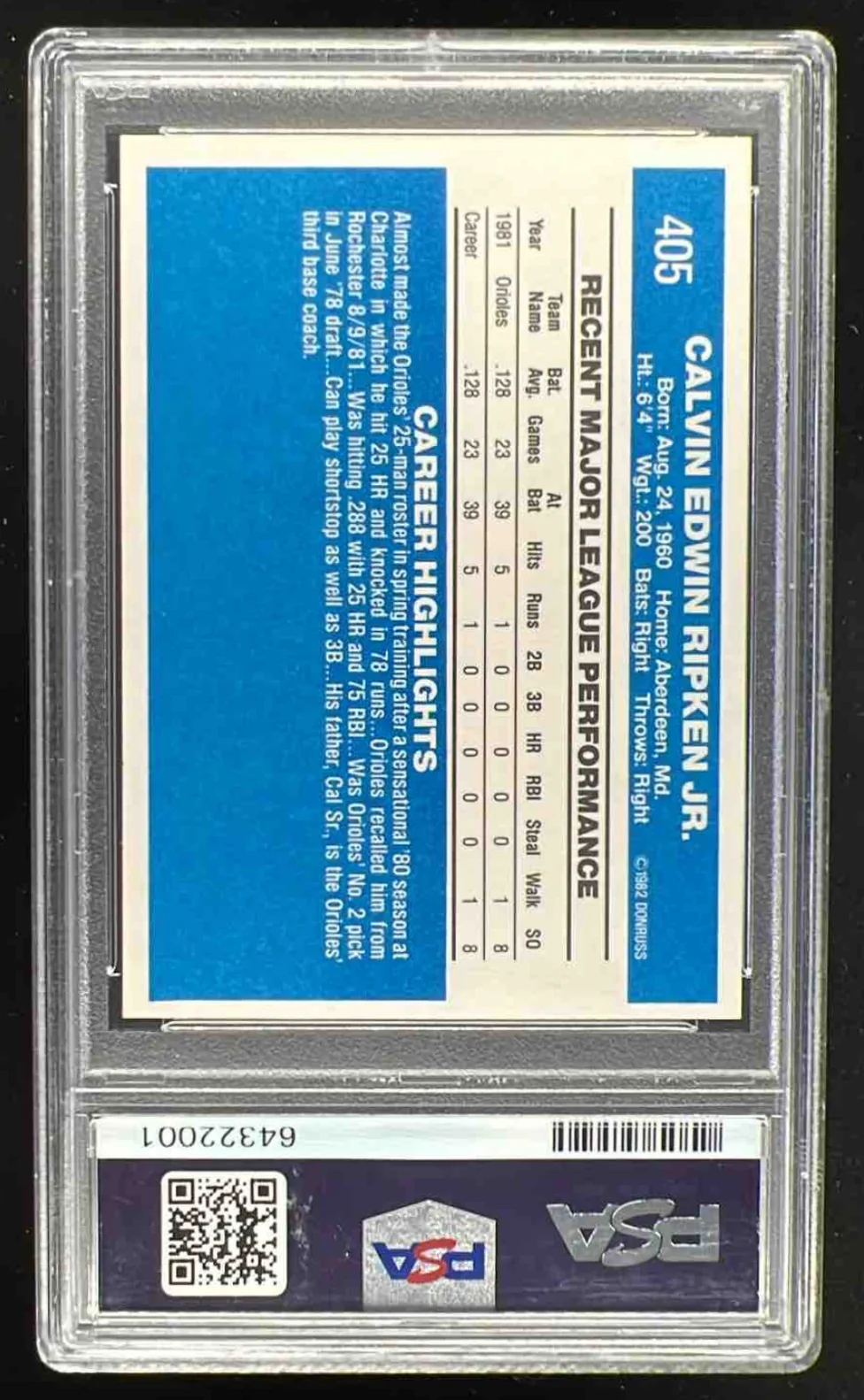 1982 Donruss #405 Cal Ripken Jr. RC PSA 10 - Image 2