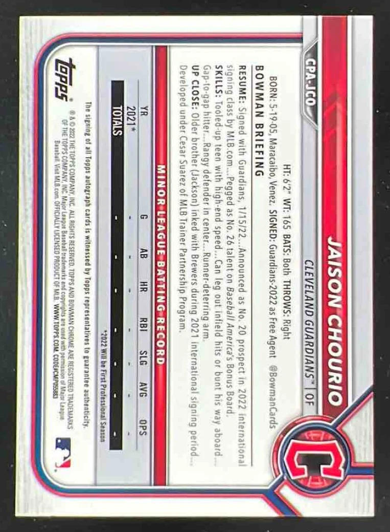 2022 Bowman Chrome Orange Refractor #CPAJCO Jaison Chourio Autograph RC Auto /25 - Image 2