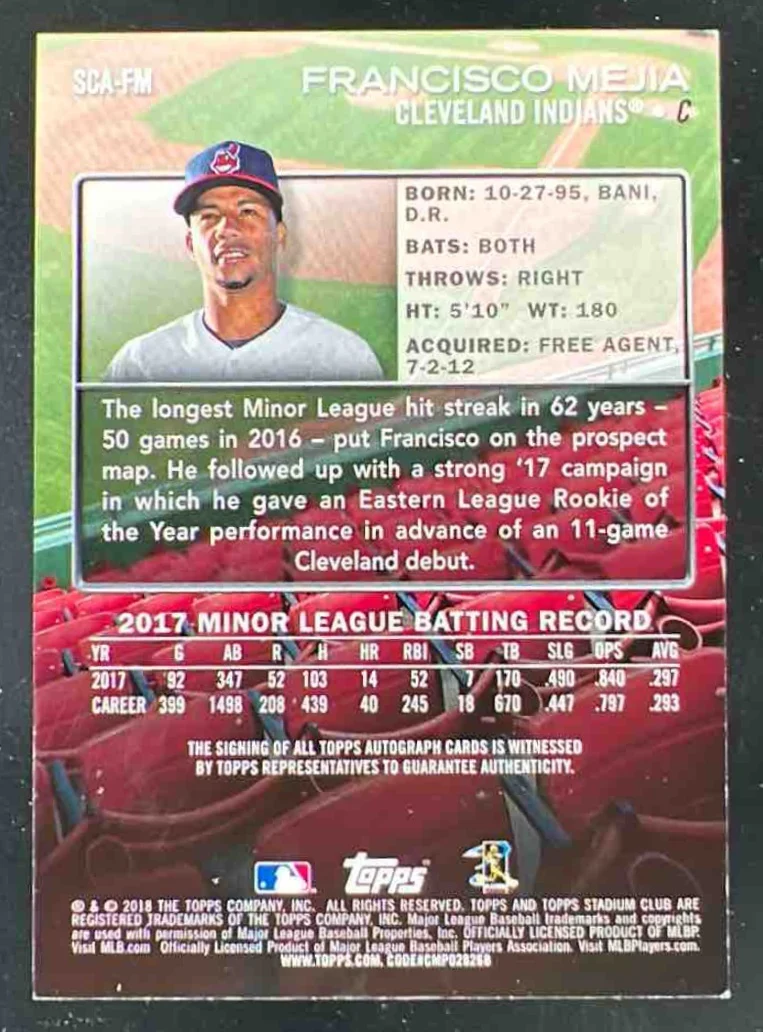 2018 Topps Stadium Club Autographs Red Ink #SCA-FM Francisco Mejia RC Auto - Image 2