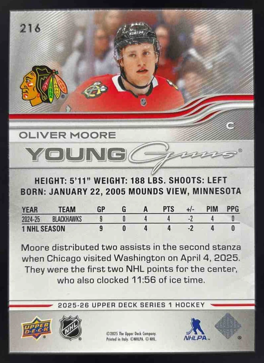 2025 Upper Deck Series 1 #216 Oliver Moore Young Guns RC - Image 2