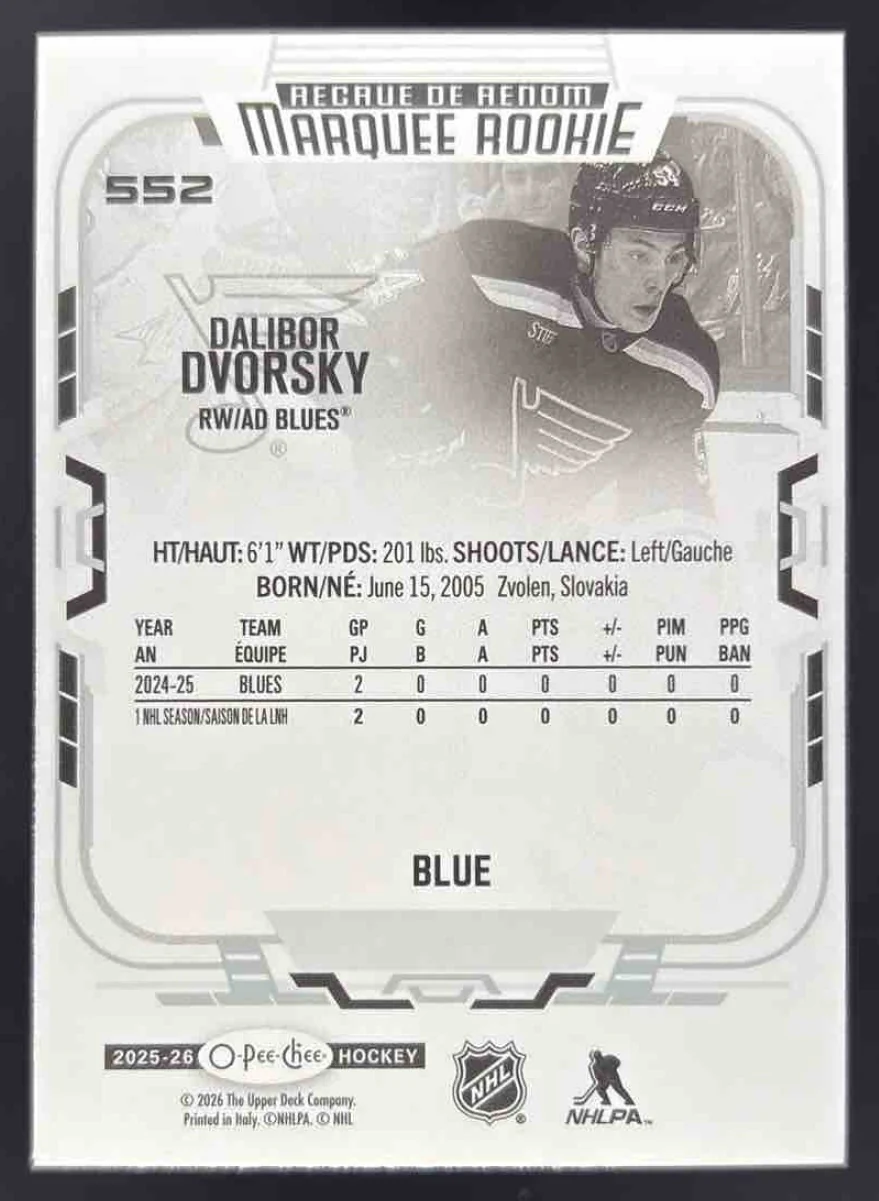 2025-26 Upper Deck O-Pee-Chee Blue Border #552 Dalibor Dvorsky RC Marquee Rookie - Image 2