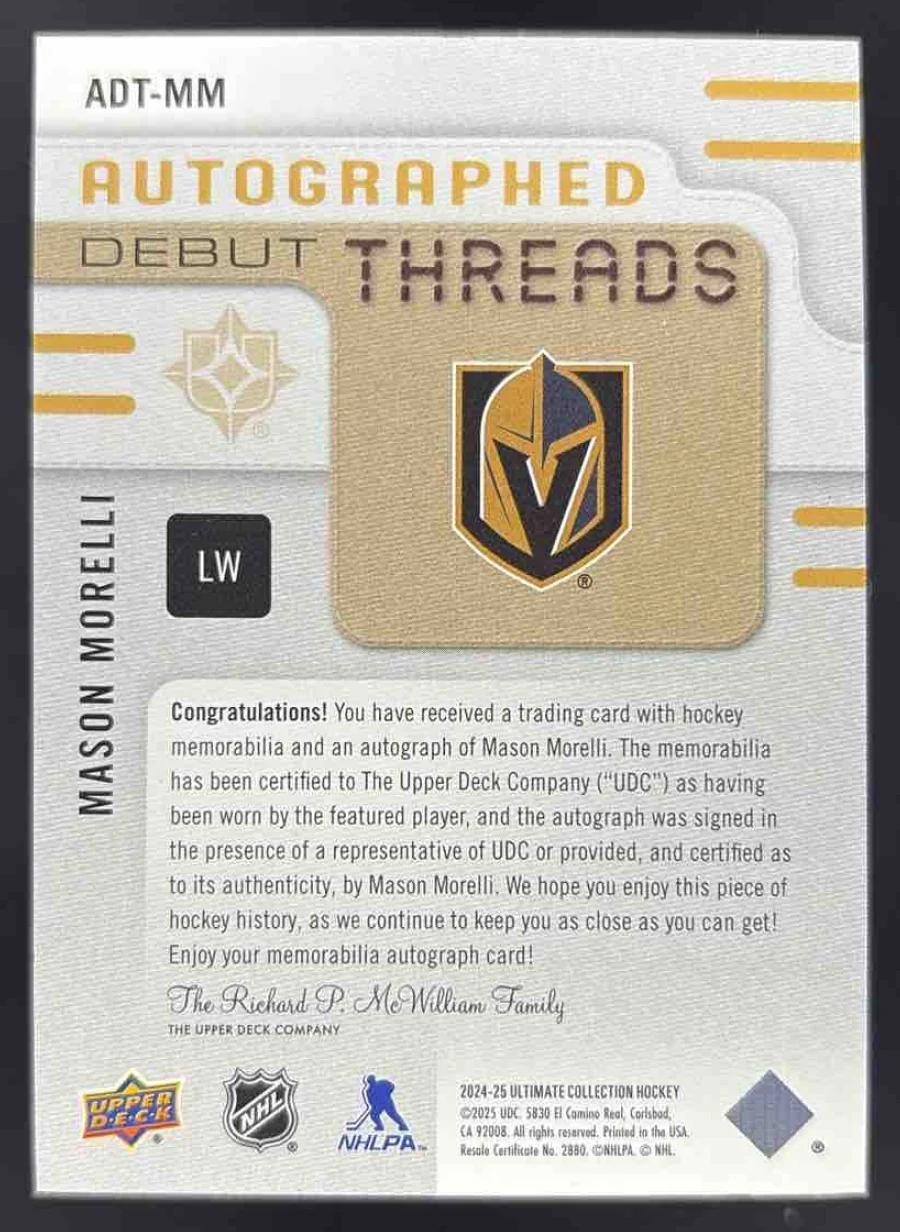 2024-25 Ultimate Collection Debut Threads #ADT-MM Mason Morelli RC Auto /199 - Image 2