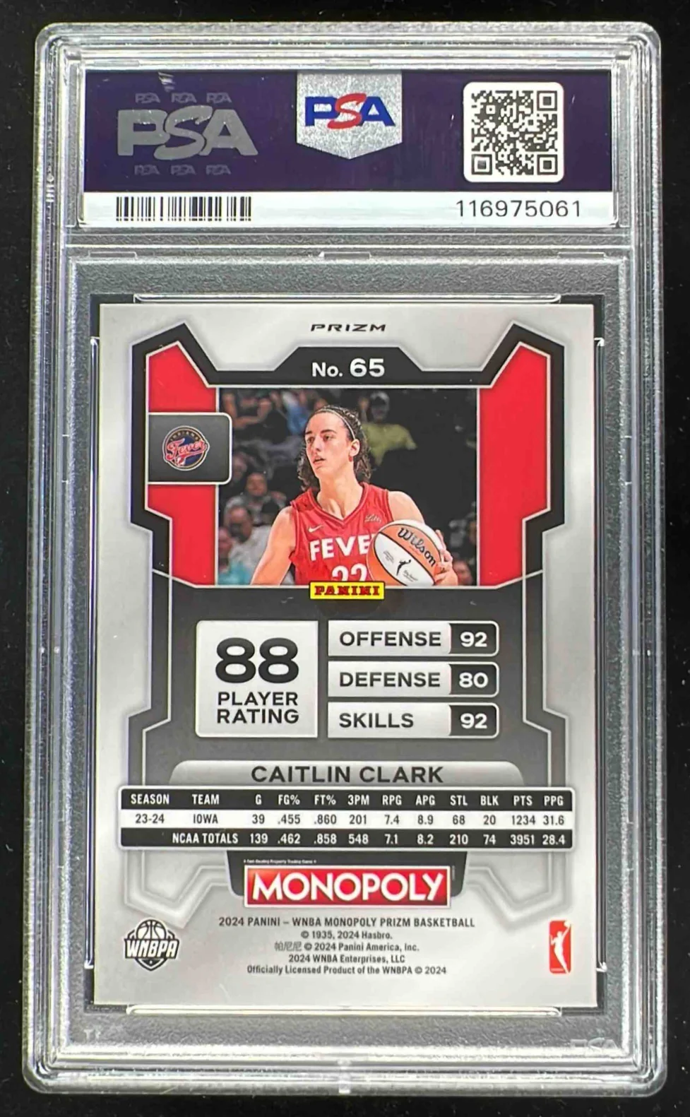 2024 Panini Prizm Monopoly WNBA Go Prizm #65 Caitlin Clark RC PSA 10 - Image 2