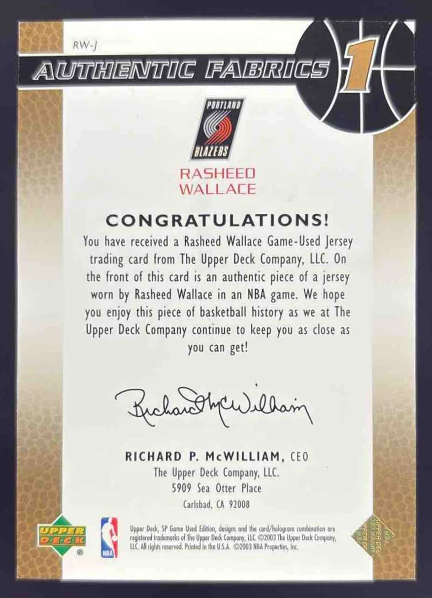 2003-04 SP Game Used Authentic Fabrics Gold #RW-J Rasheed Wallace /100 - Image 2