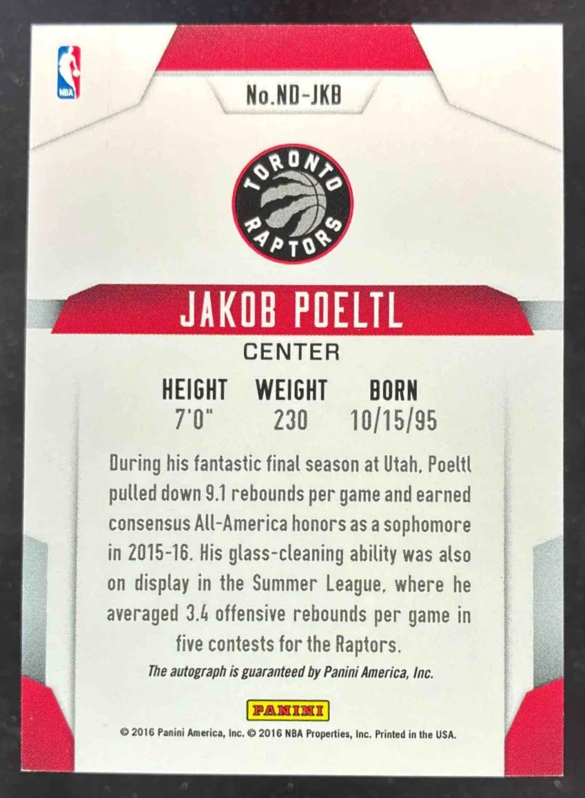 2016-17 Panini Donruss Next Day Autographs #ND-JKB Jakob Poeltl RC Auto - Image 2