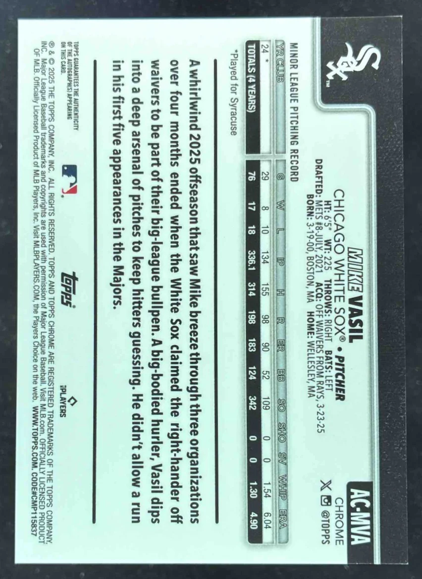 2025 Topps Chrome Update Autograph Gold Refractor #AC-MVA Mike Vasil RC Auto /50 - Image 2