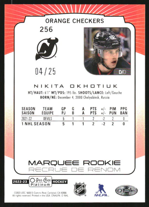 2022-23 O-Pee-Chee Platinum Orange Checkers #256 Nikita Okhotiuk RC /25 - Image 2