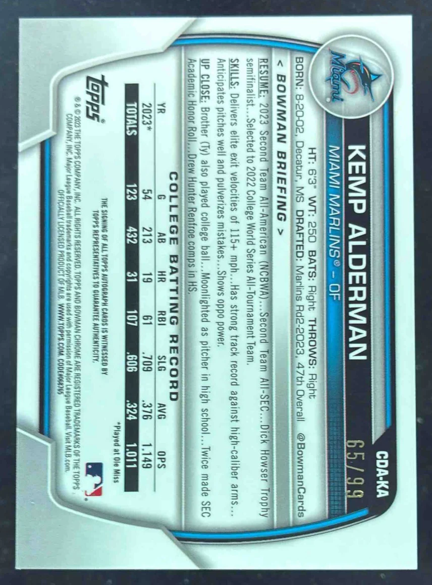 2023 Bowman Draft Chrome Green Lava Refractor #CDA-KA Kemp Alderman RC Auto /99 - Image 2