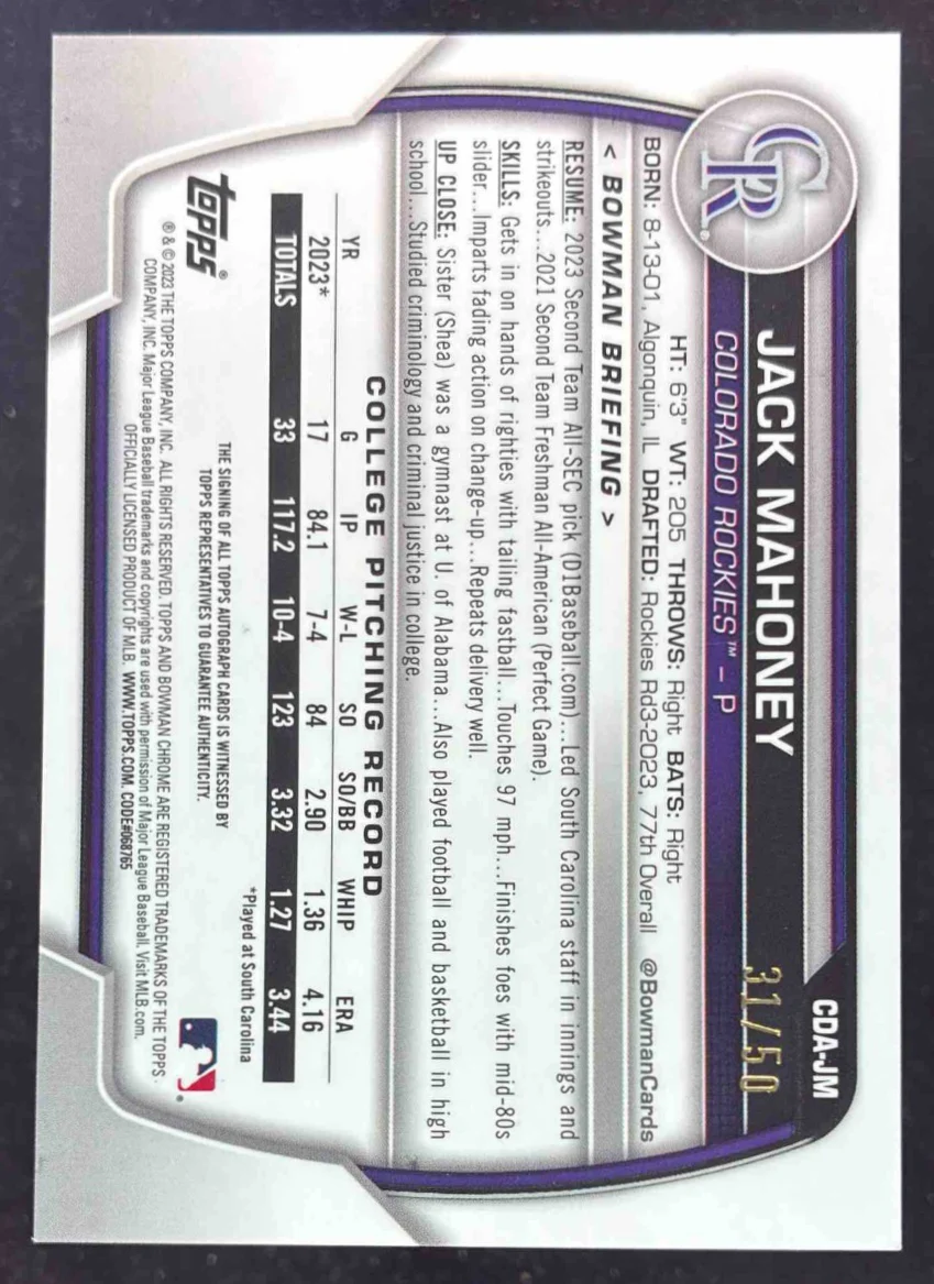 2023 Bowman Draft Chrome Gold Wave Refractor #CDA-JM Jack Mahoney RC Auto /50 - Image 2