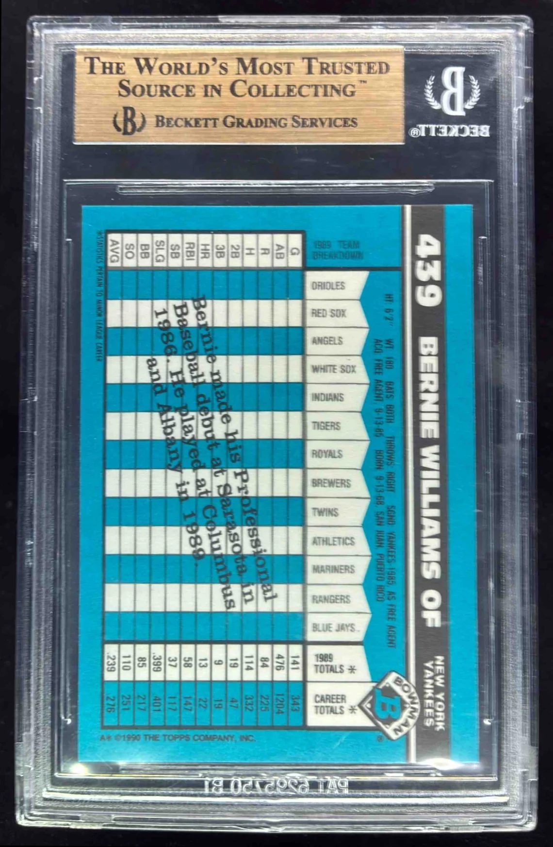 1990 Bowman #439 Bernie Williams RC BGS 9.5 - Image 2