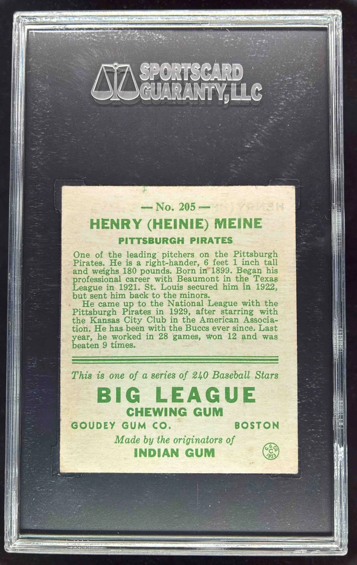 1933 Goudey #205 Heinie Meine RC SGC 5 - Image 2