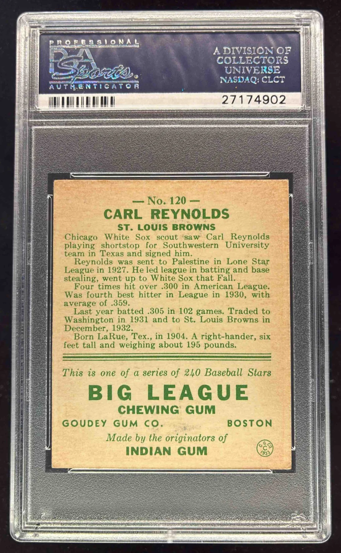 1933 Goudey #120 Carl Reynolds RC PSA 4.5 - Image 2