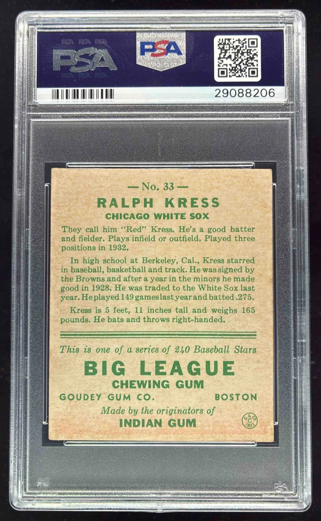1933 Goudey #33 Ralph Kress RC PSA 5 - Image 2