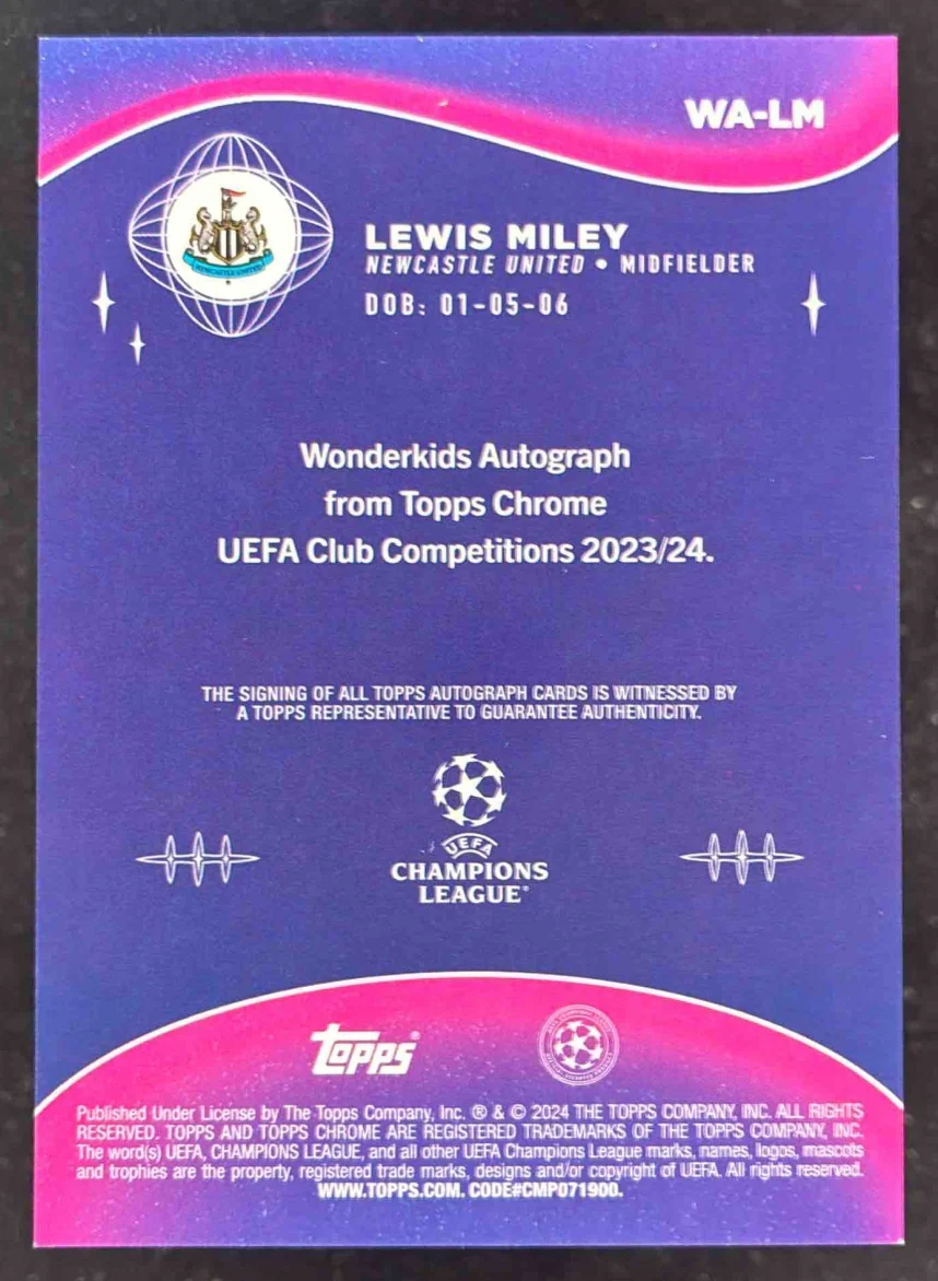 2023-24 Topps Chrome Wonderkids Autographs #WA-LM Lewis Miley Autograph RC Auto - Image 2