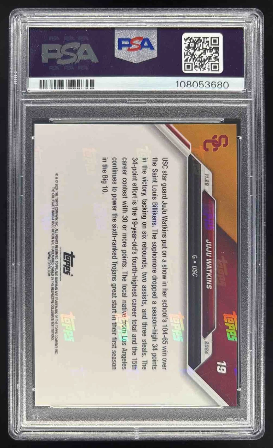 2024-25 Bowman University Now #19 JuJu Watkins PSA 10 - Image 2