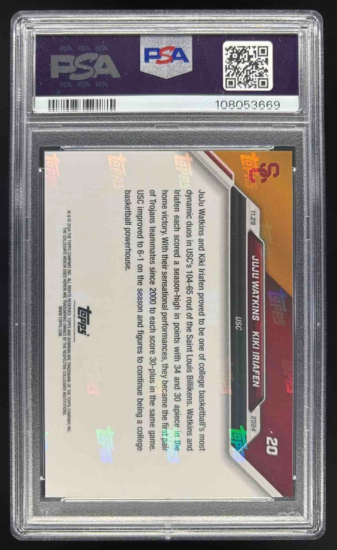 2024 Bowman University Now #20 JuJu Watkins Kiki Iriafen PSA 10 - Image 2
