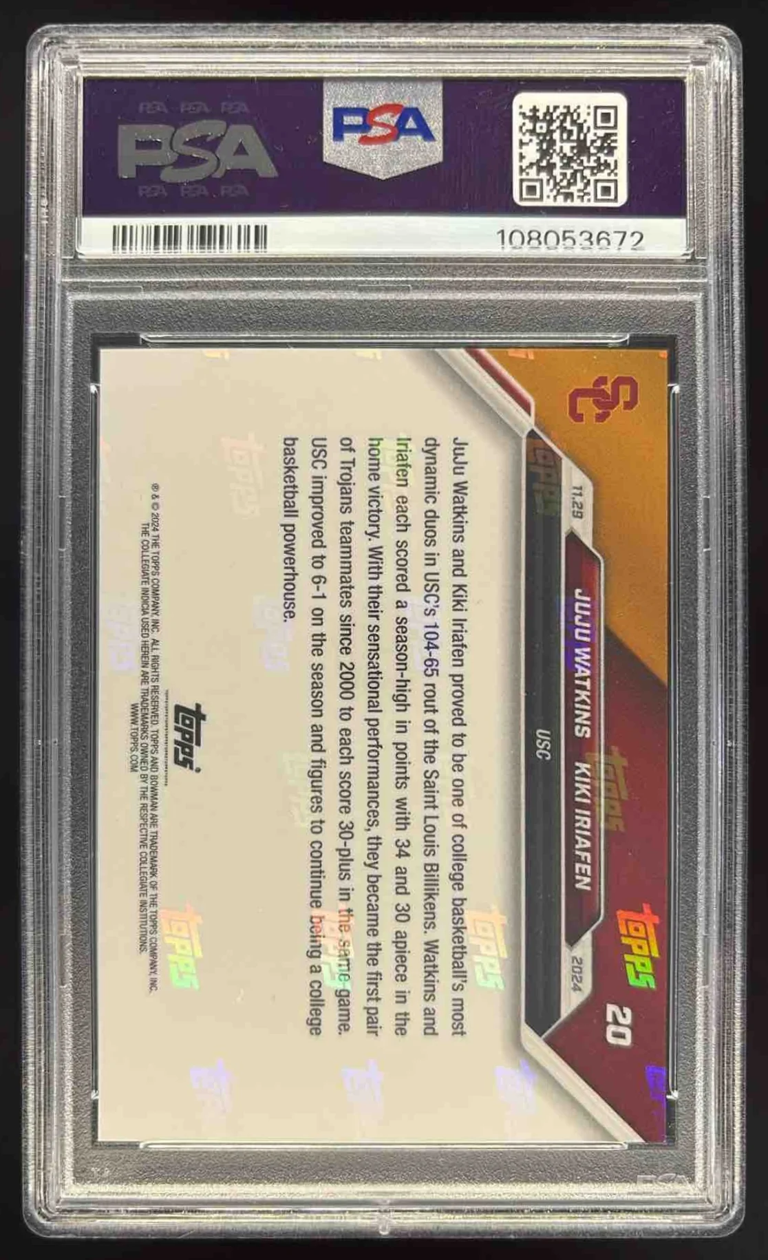 2024 Bowman University Now #20 JuJu Watkins Kiki Iriafen PSA 10 - Image 2