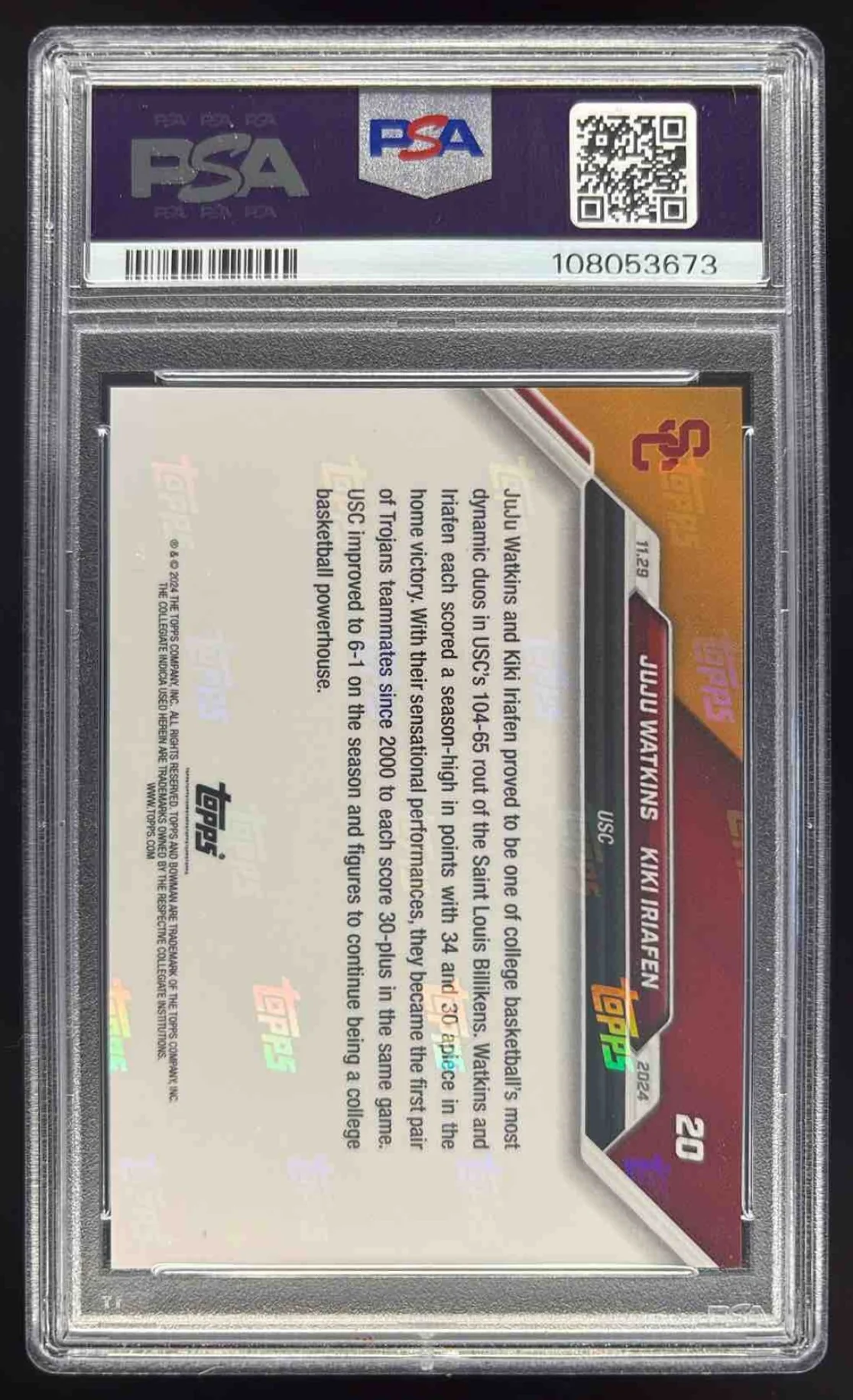 2024 Bowman University Now #20 JuJu Watkins Kiki Iriafen PSA 10 - Image 2