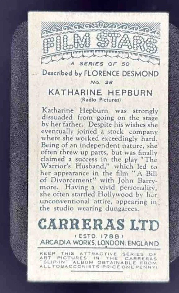 Carreras LTD Film Stars A Series of 50 #28 Katharine Hepburn - Image 2