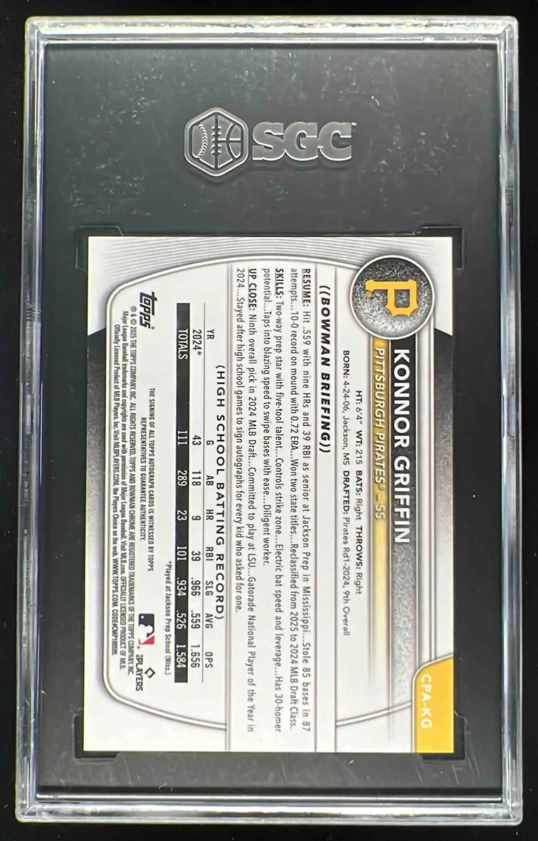 2025 Bowman Chrome Prospect Purple #CPA-KG Konnor Griffin Auto /250 SGC 10 - Image 2