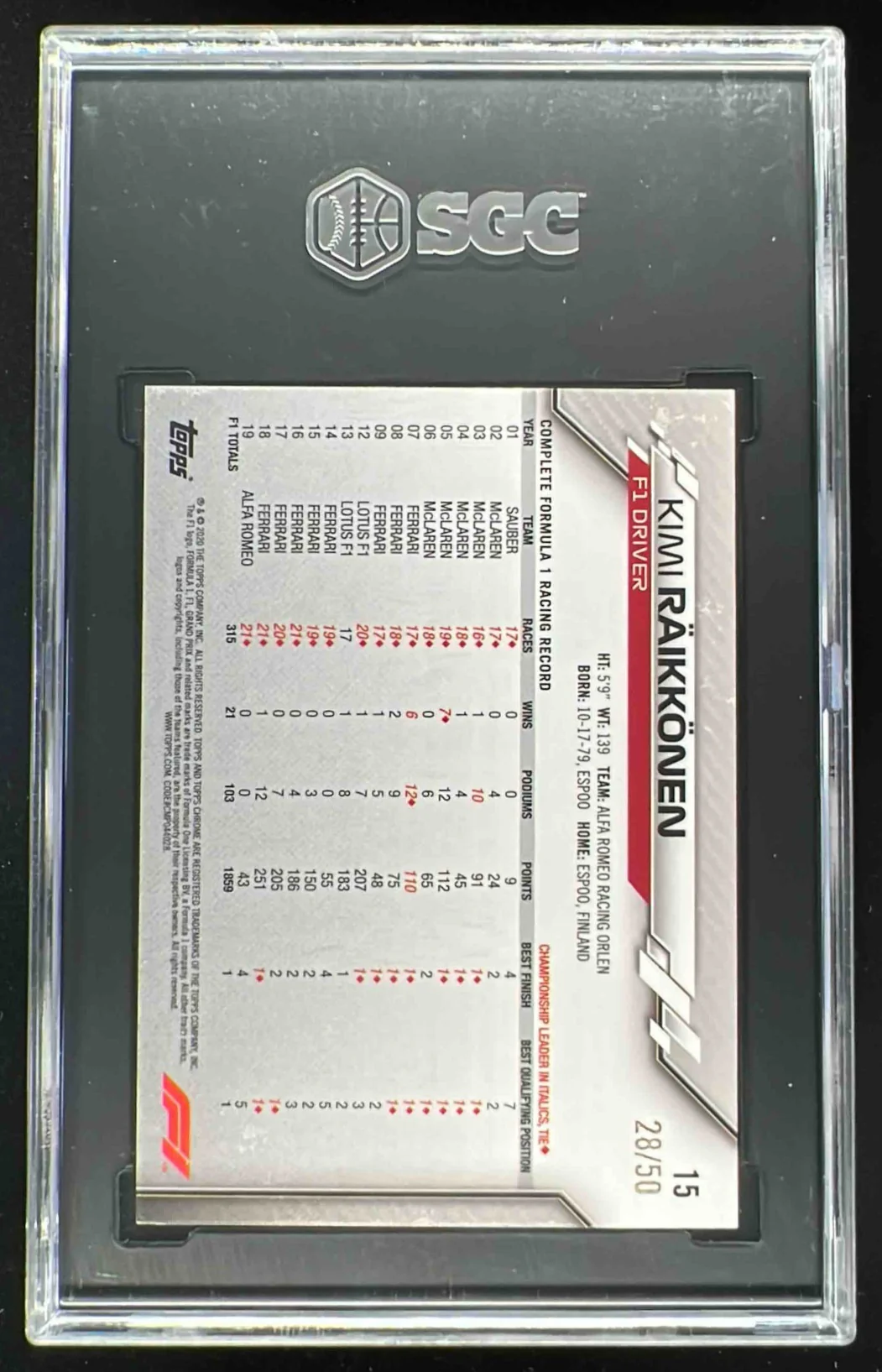2020 Topps Chrome Formula 1 Gold Refractor #15 Kimi Raikkonen /50 SGC 9.5 - Image 2