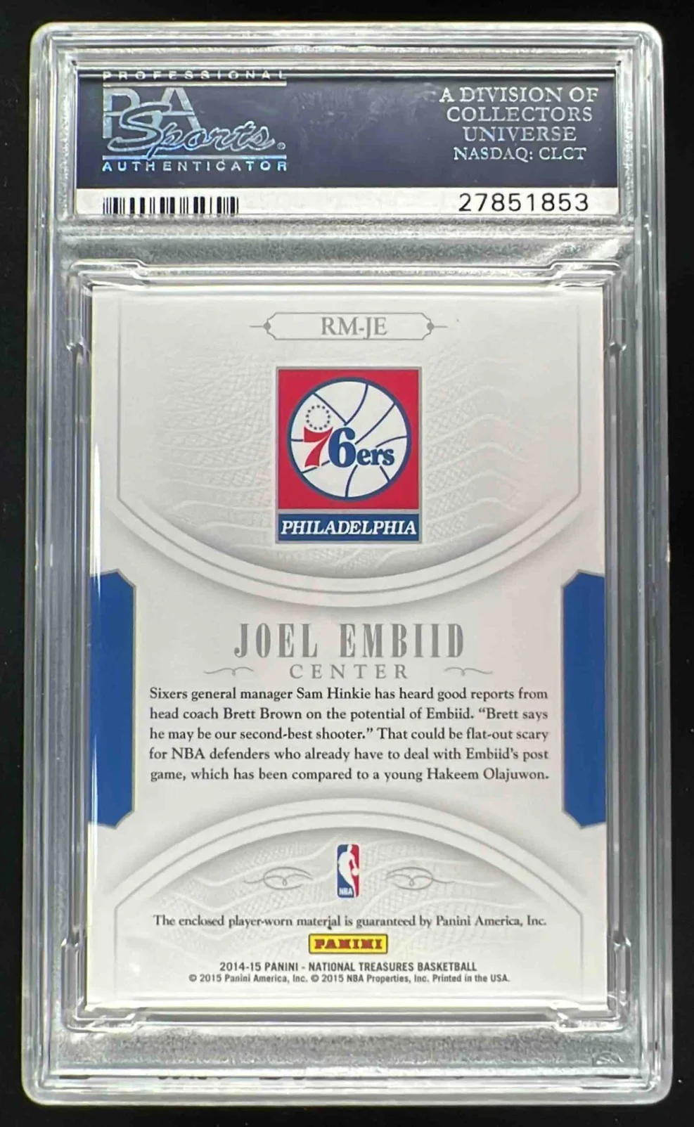 2014-15 National Treasures NBA Rookie Materials Prime Joel Embiid RC /25 PSA 10 - Image 2
