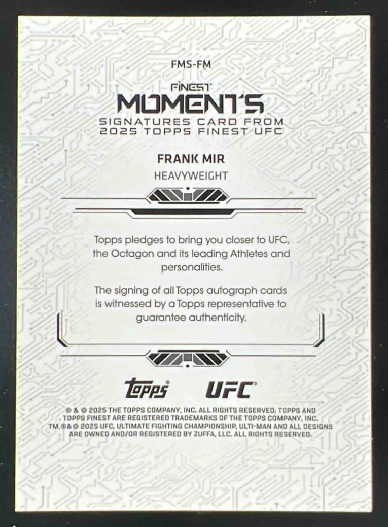 2025 Topps UFC Finest Finest Moments Signatures #FMS-FM Frank Mir Autograph Auto - Image 2