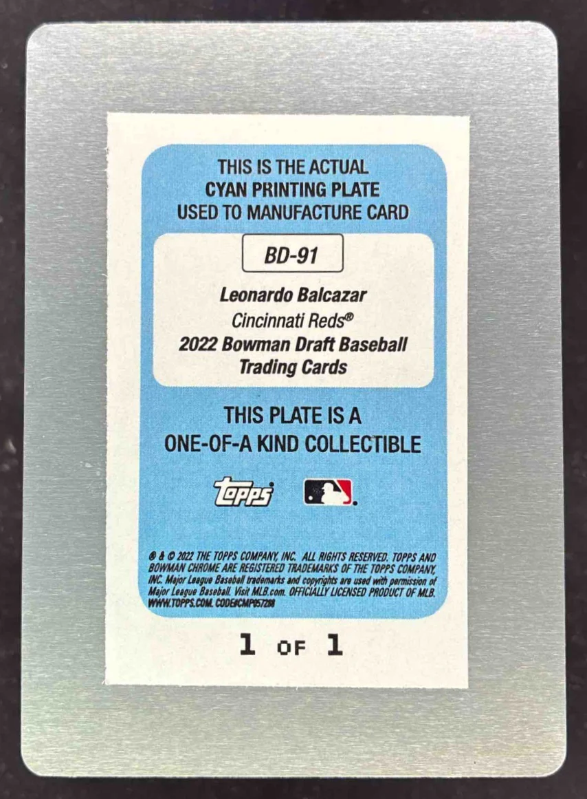 2022 Bowman Draft Printing Plates Cyan #BD-91 Leonardo Balcazar 1/1 - Image 2