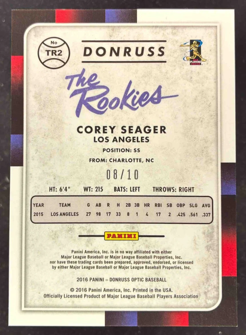 2016 Panini Donruss Optic The Rookies Gold #TR2 Corey Seager RC /10 - Image 2