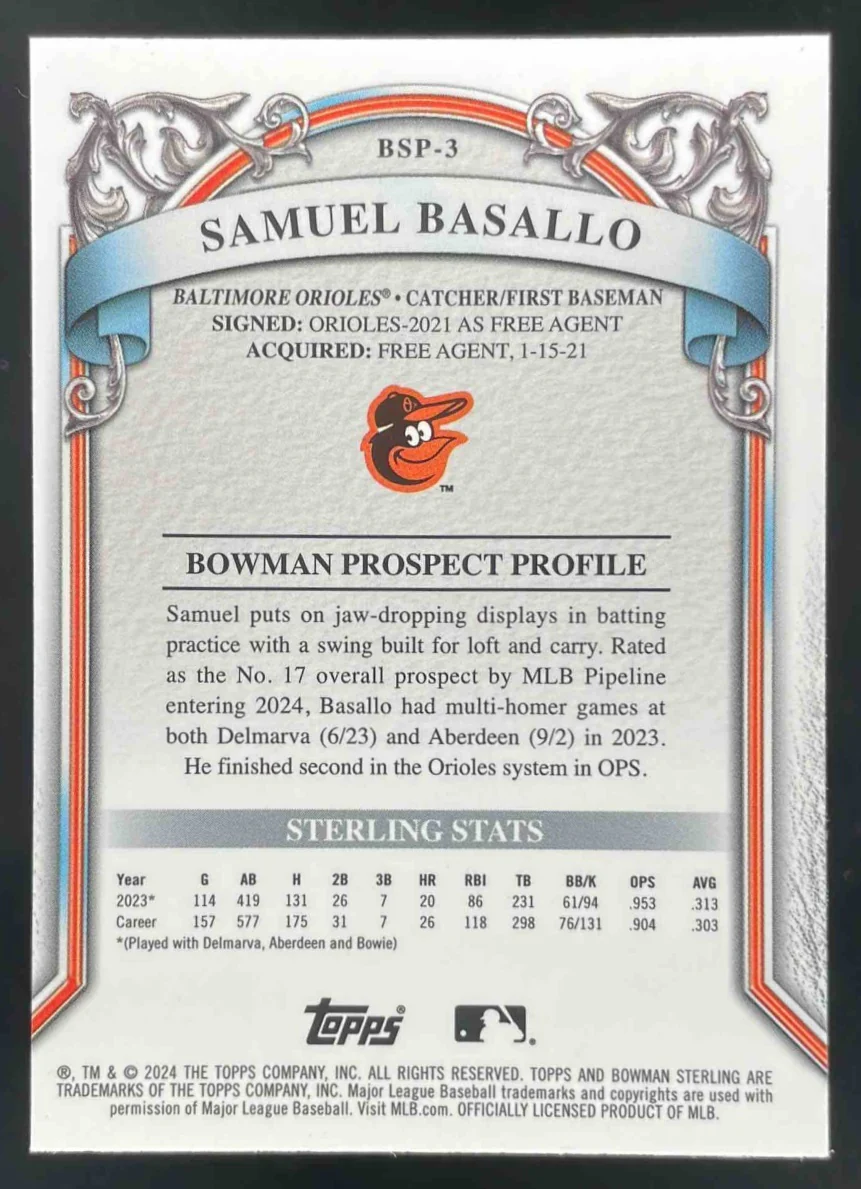 2024 Bowman Sterling Prospect Blue Refractor #BSP-3 Samuel Basallo /25 - Image 2