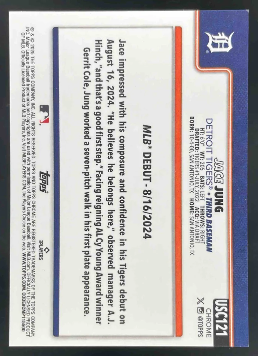 2025 Topps Chrome Update Black RayWave Refractor #USC121 Jace Jung RC /10 - Image 2