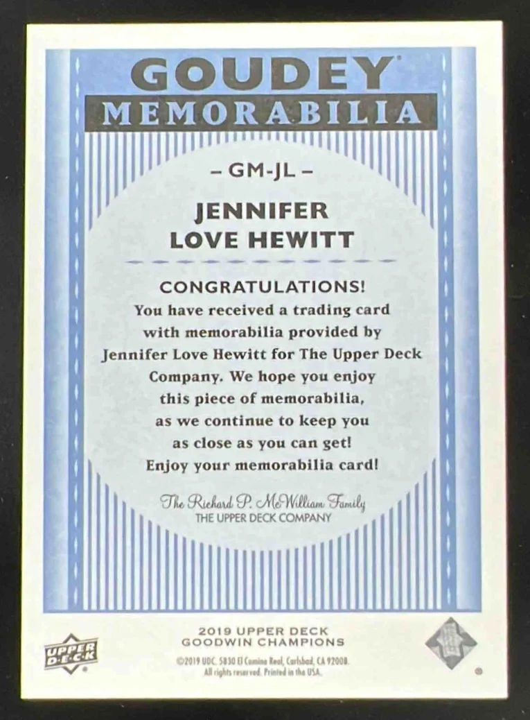 2019 Upper Deck Goodwin Champions Goudey Memorabilia #GM-JL Jennifer Love Hewitt - Image 2