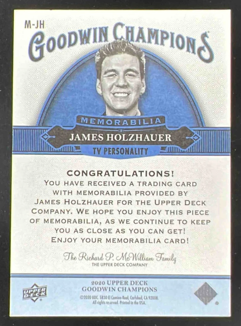 2020 Upper Deck Goodwin Champions Memorabilia #M-JH James Holzhauer MEM - Image 2