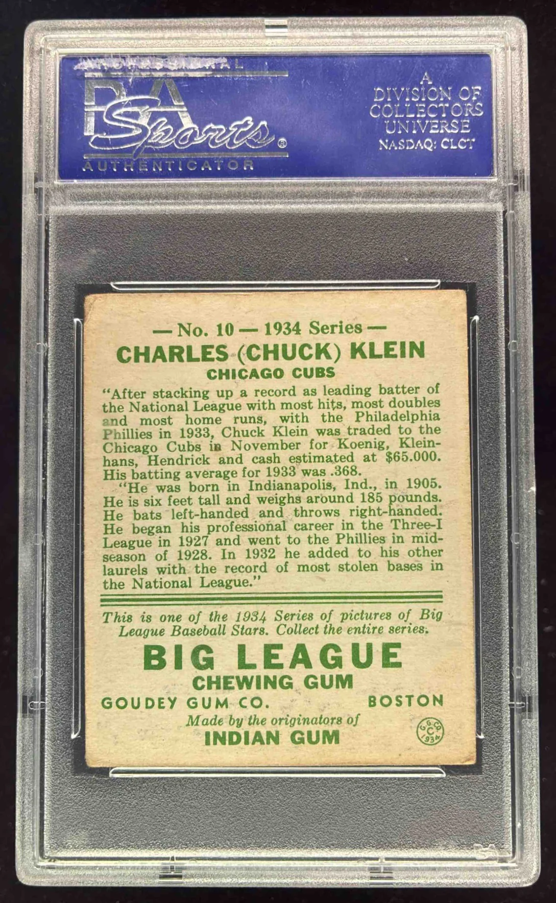 1934 Goudey #10 Chuck Klein PSA 4 - Image 2