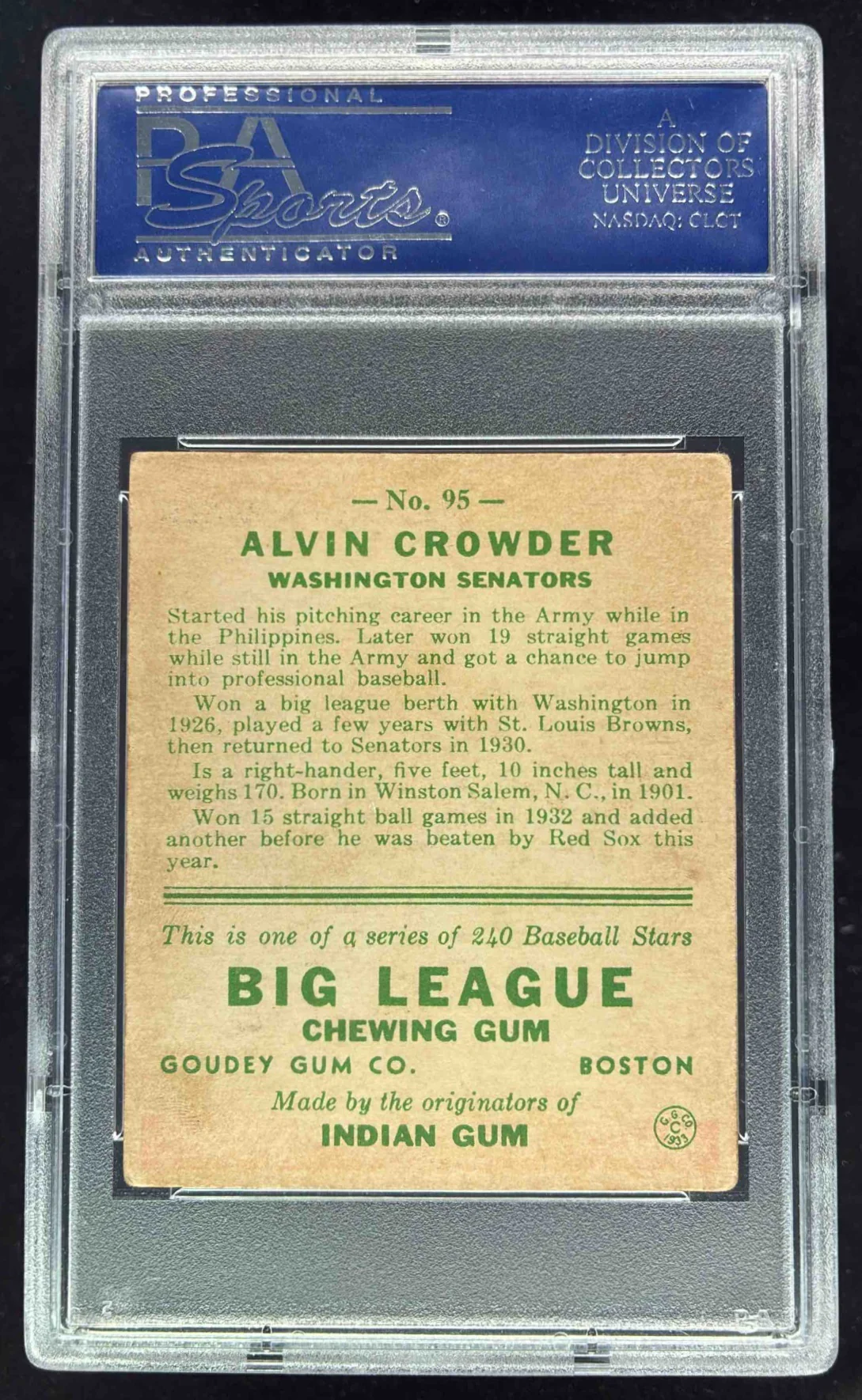 1933 Goudey #95 Alvin Crowder RC PSA 5 - Image 2