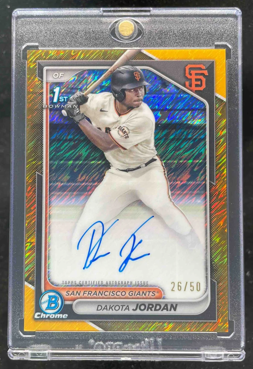 2024 Bowman Draft Chrome Gold Shimmer #CPA-DJ Dakota Jordan RC Auto /50