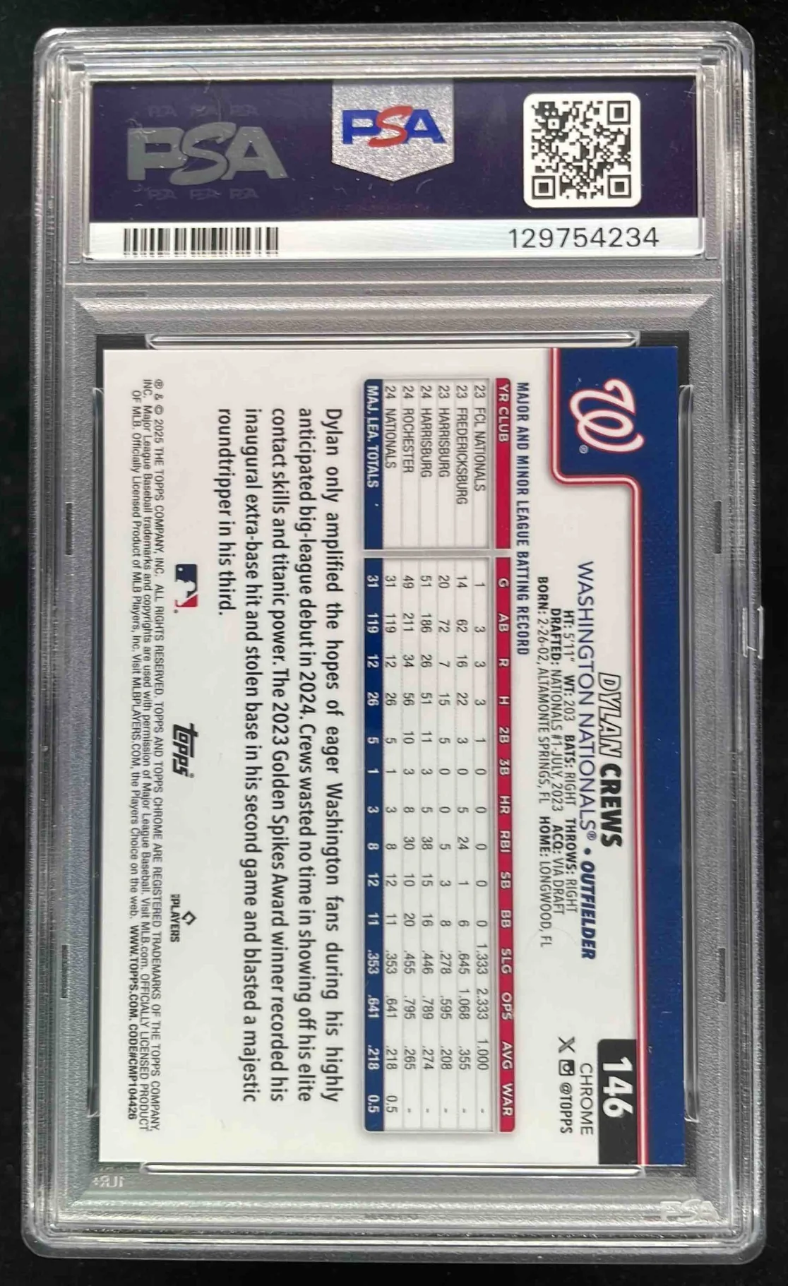 2025 Topps Chrome Gold Wave Refractor #146 Dylan Crews RC /50 PSA 10 - Image 2