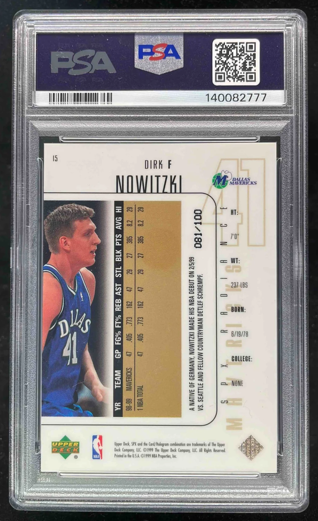 1999-00 SPx Radiance #15 Dirk Nowitzki /100 PSA 9 - Image 2