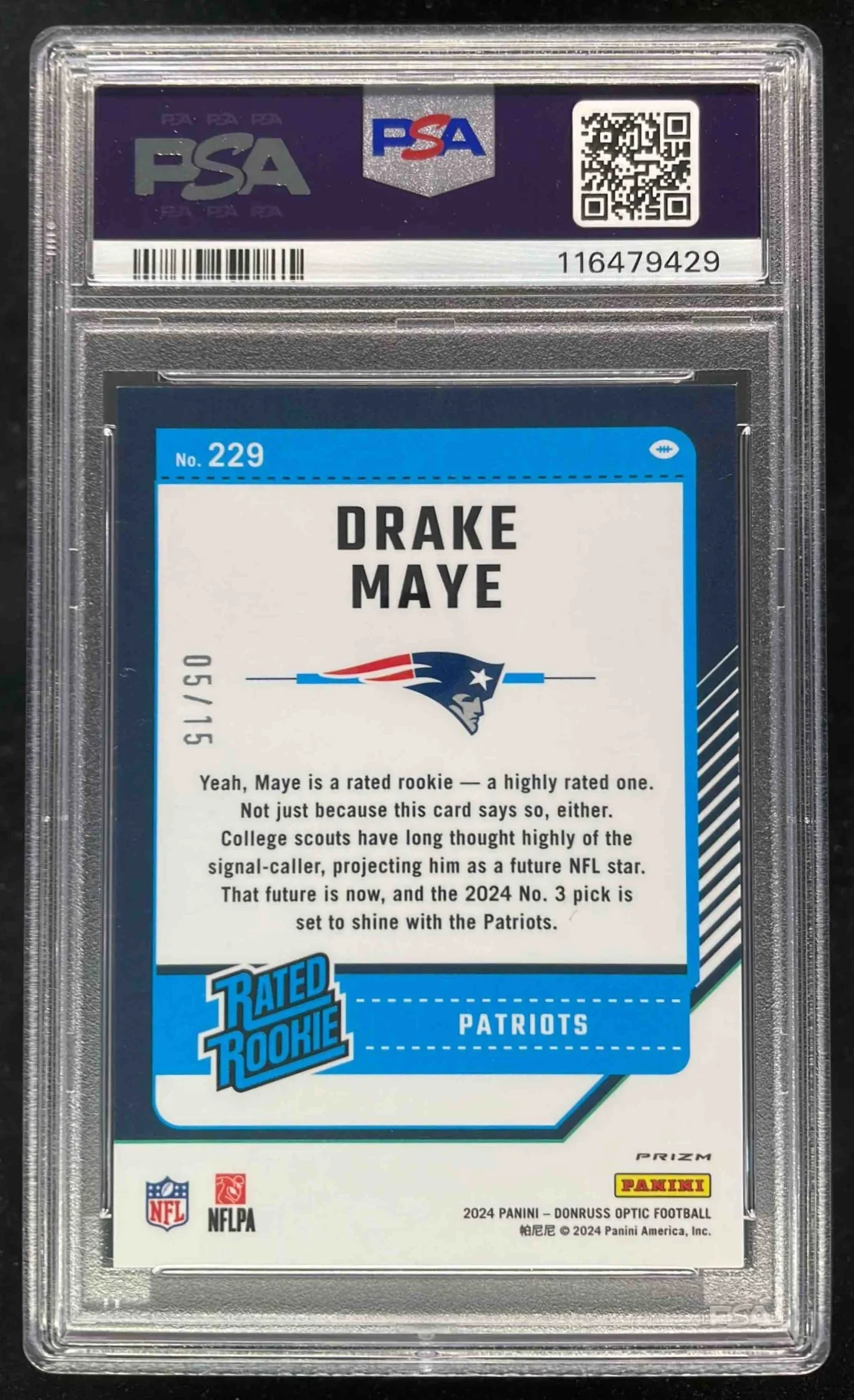2024 Panini Donruss Optic Ice #229 Drake Maye Rated Rookie /15 PSA 9 - Image 2