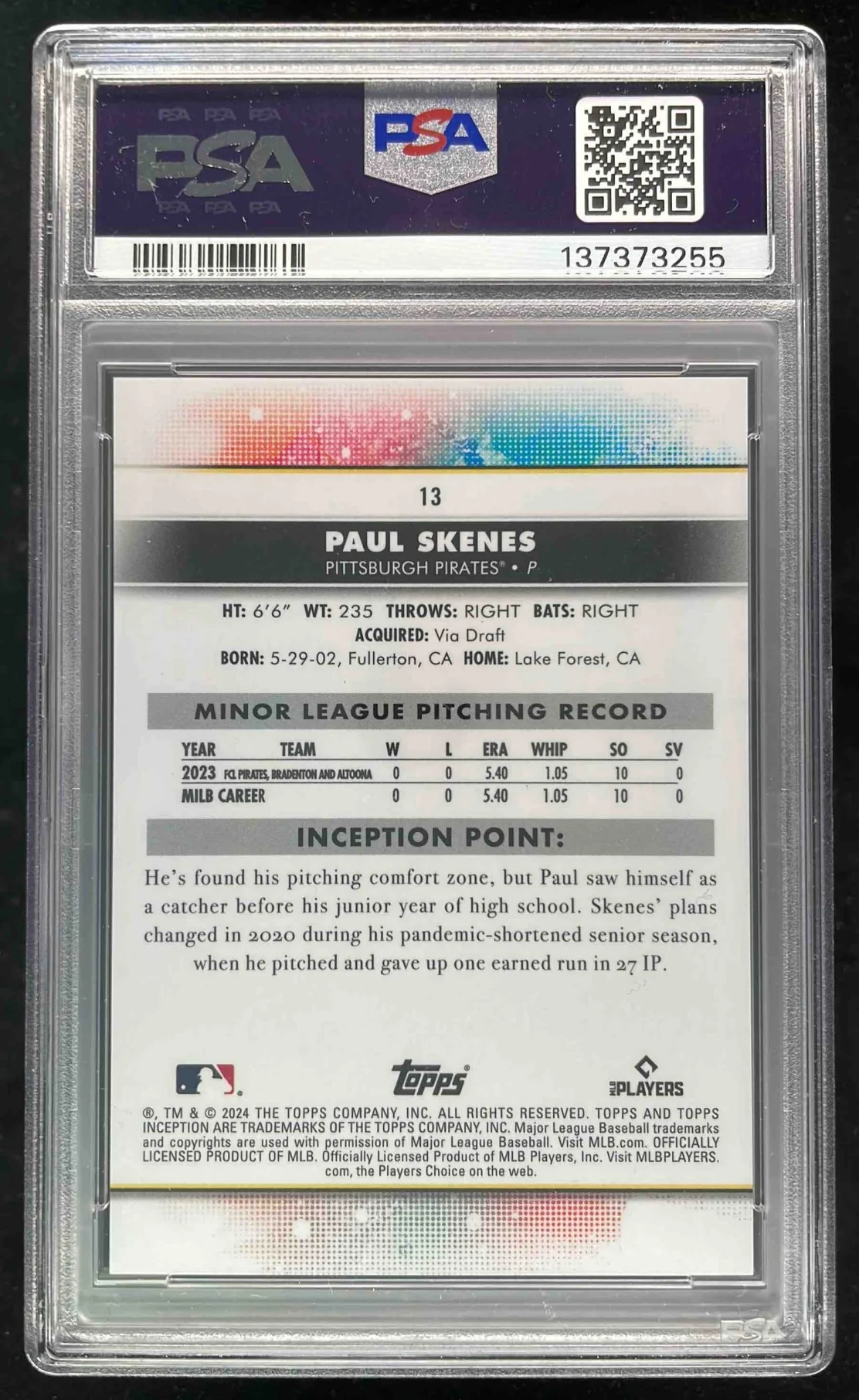 2024 Topps Inception Purple #13 Paul Skenes RC /150 PSA 10 - Image 2