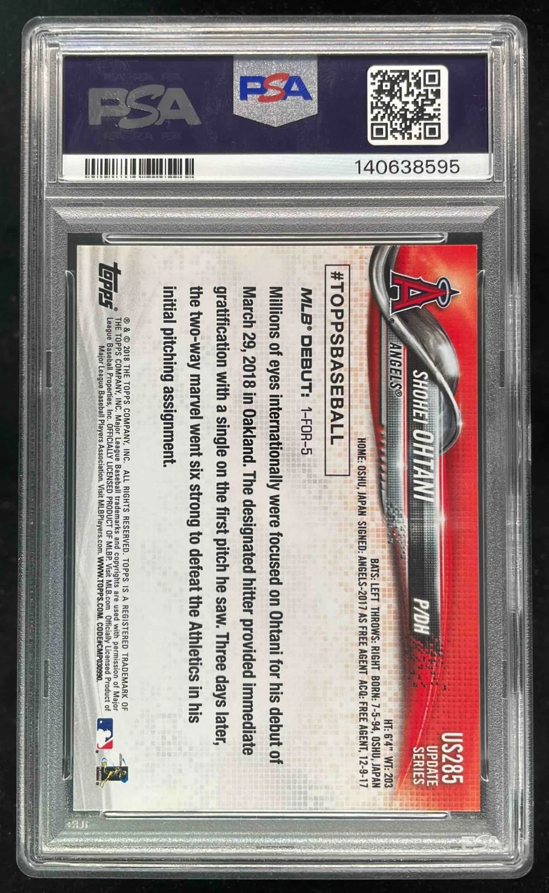 2018 Topps Update #US285 Shohei Ohtani RC PSA 9 - Image 2