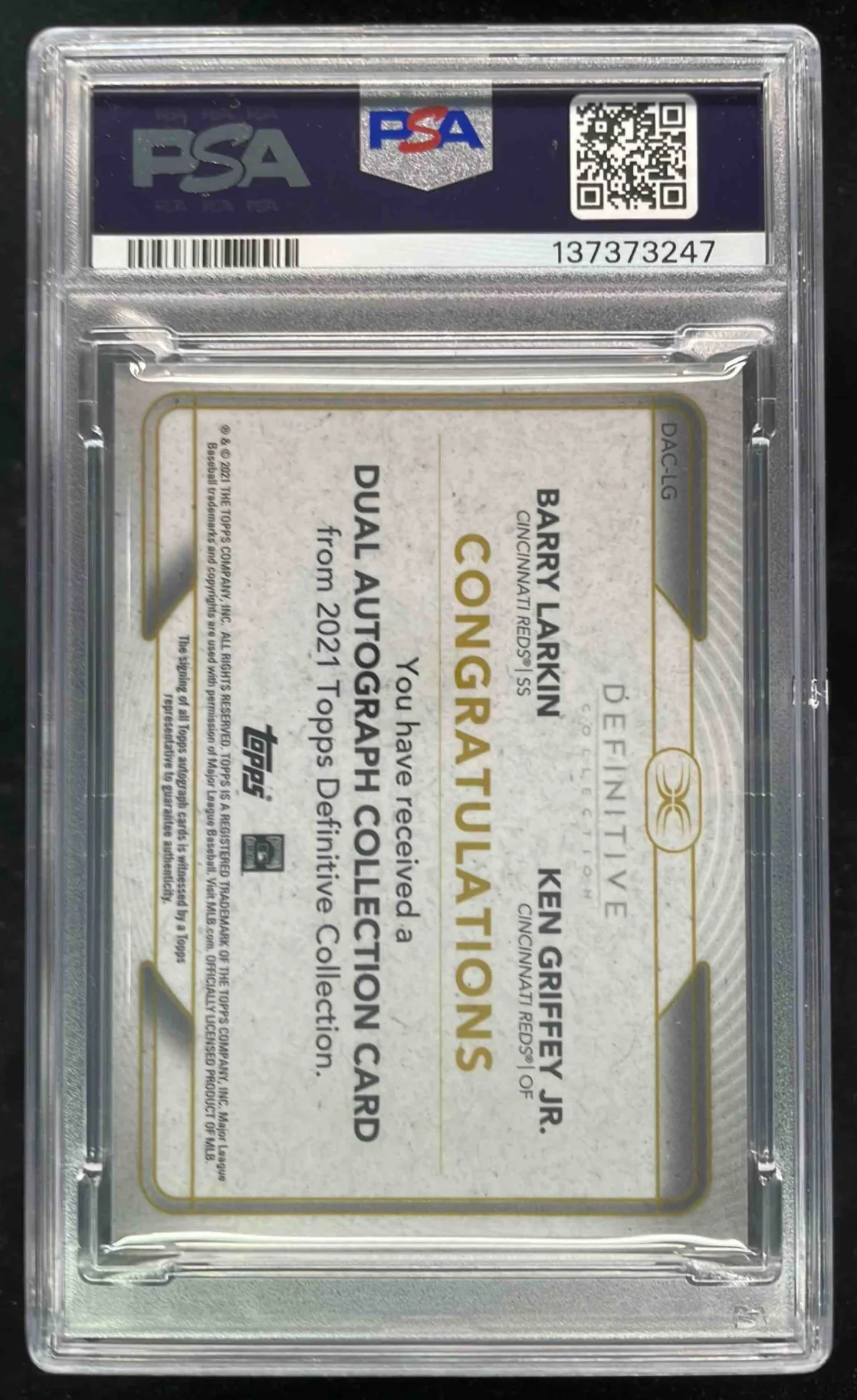 2021 Topps Definitive Dual Autograph Ken Griffey Jr Barry Larkin Auto /35 PSA 9 - Image 2